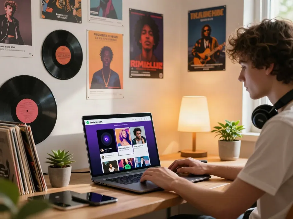 Explore music trends on spotigeek.com with a cozy streaming setup in a vibrant apartment.