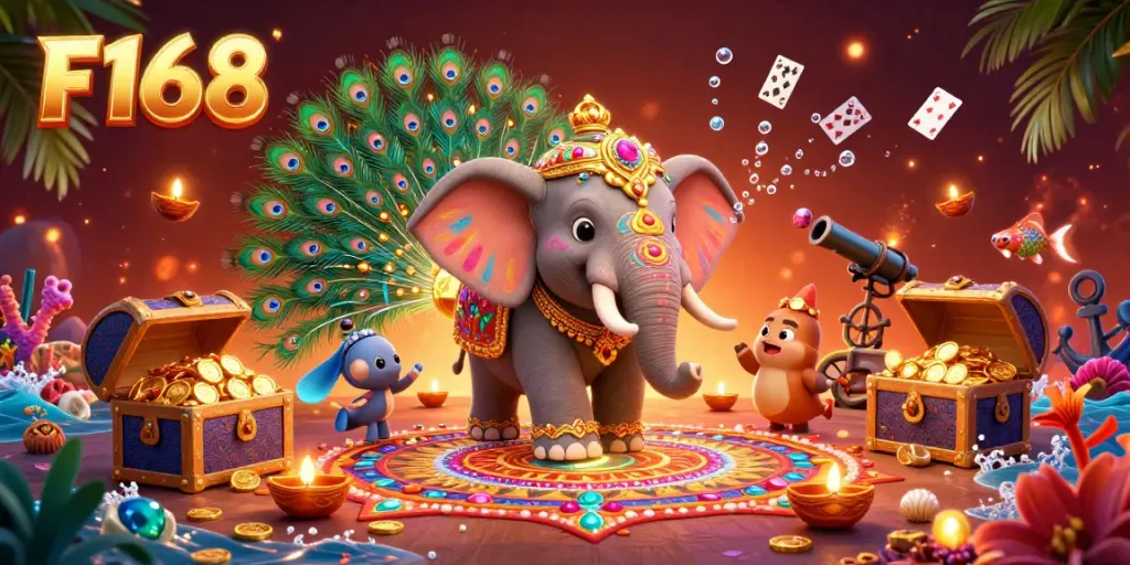 Engage with F168's lively casino scene showcasing vibrant characters and rich game elements.