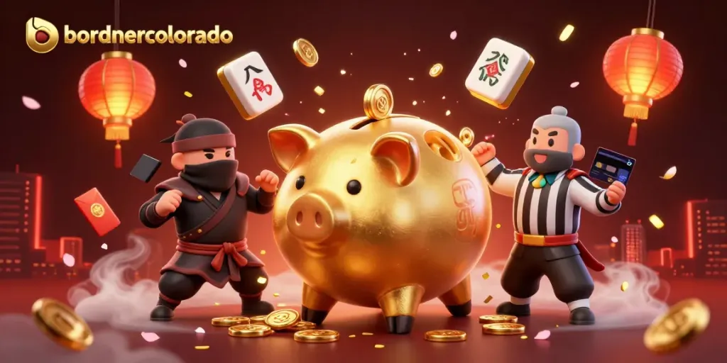 Engage with bordnercolorado's vibrant casino adventure featuring a golden piggy bank sumo wrestler and dynamic gaming elements.