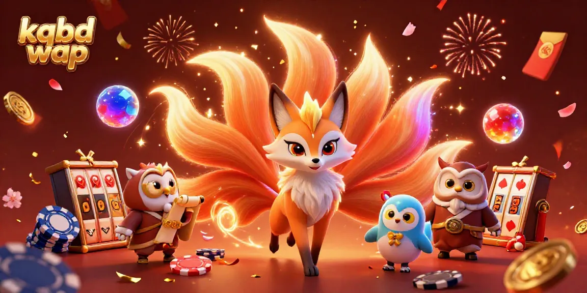 Engaging scene of kqbd wap featuring a colorful nine-tailed fox, wise owl, and vibrant casino elements.