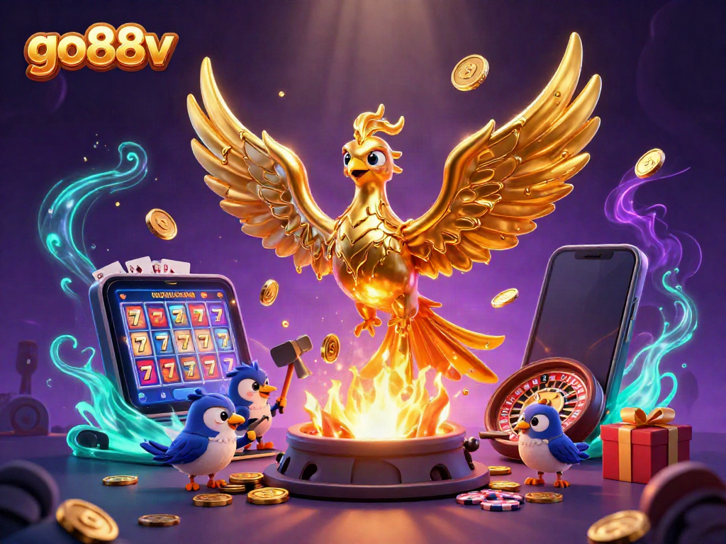 Experience the excitement of go88v with a golden phoenix, vibrant slots, and magical elements.