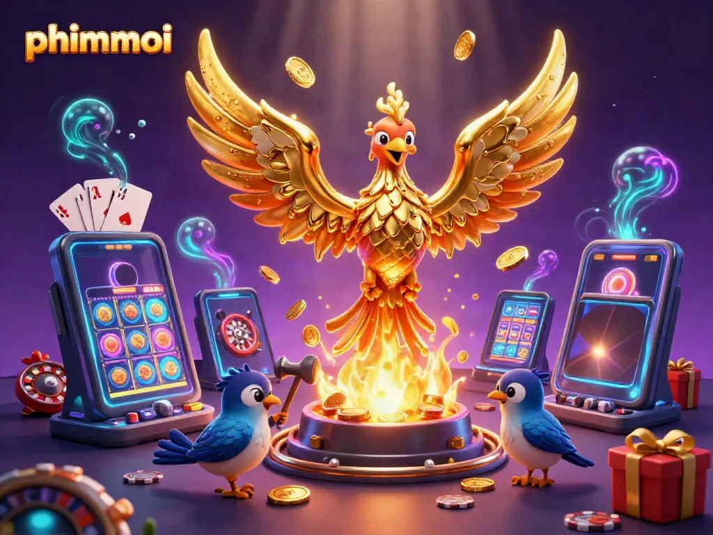 Play phimmoi games with a dynamic scene of a molten golden phoenix surrounded by casino thrills.