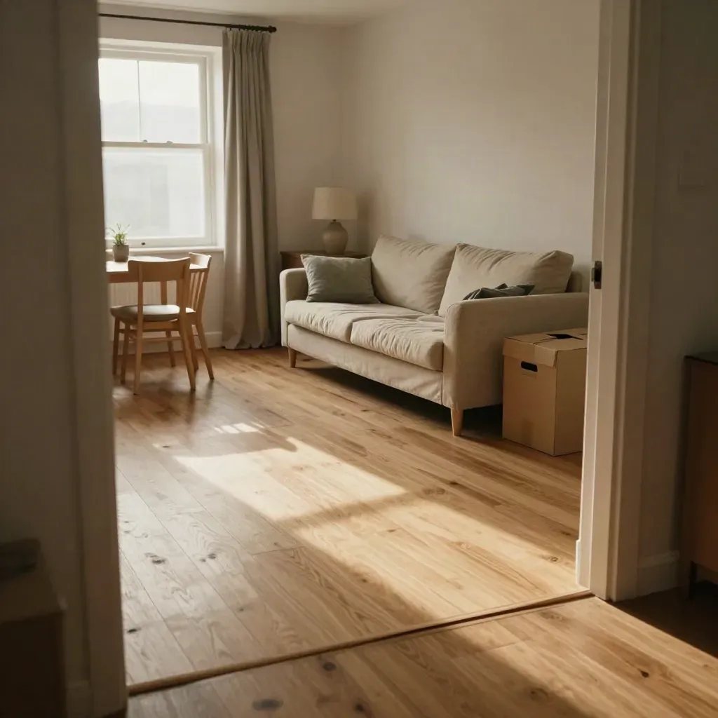 Compact startersappartement met eiken vloer, sofa, gordijnen en verhuisdoos in warm licht.