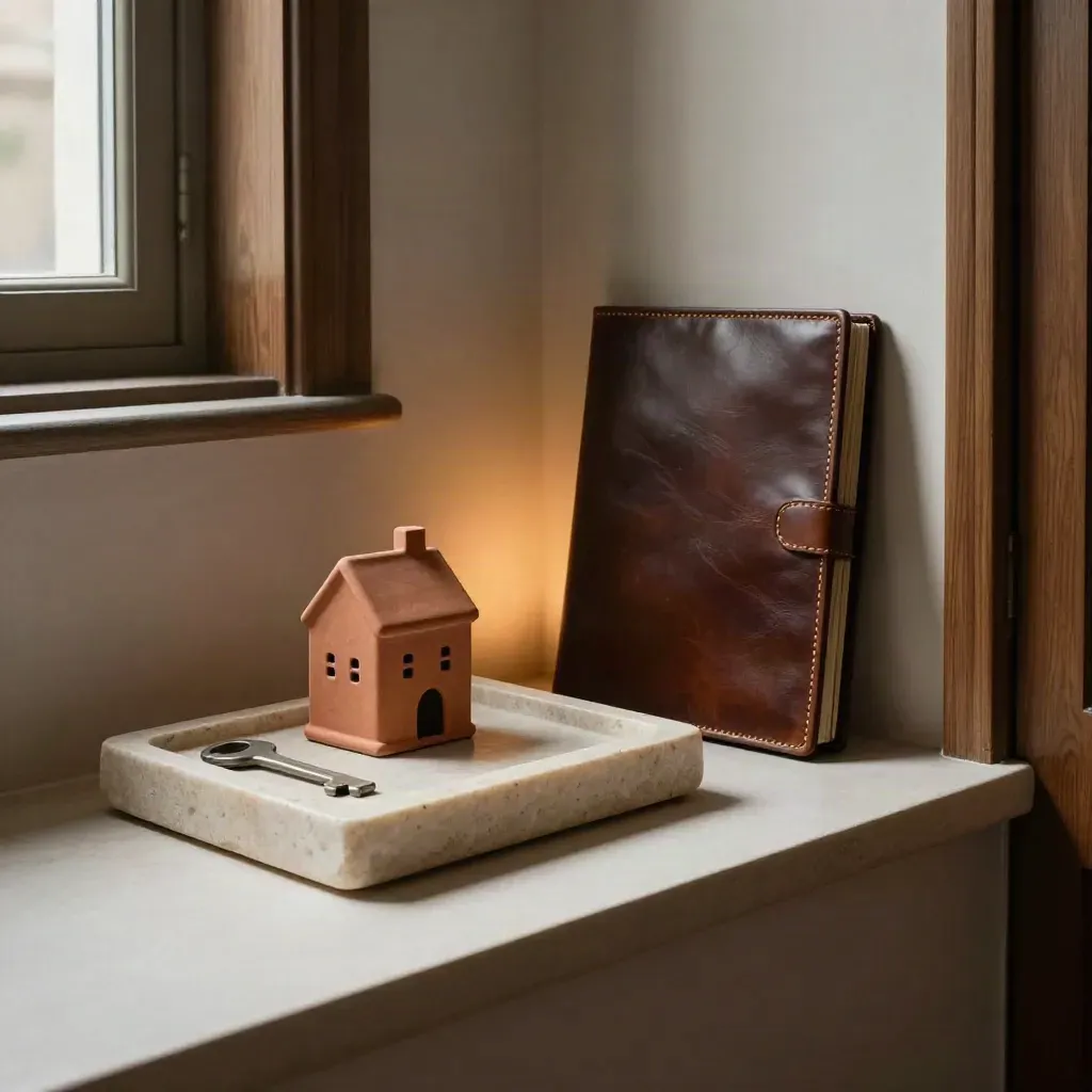 Rustige entreehoek met kalksteen, keramisch huisje, leren dossierhoes en warm nislicht.