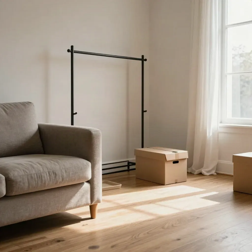 Lichte huurwoning-woonkamer met bank, kapstokrek en twee verhuisdozen bij ochtendlucht.