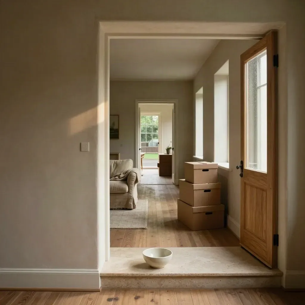 Licht in een Nederlandse tussenwoning met verhuisdozen, sleutelbak en linnen bank.