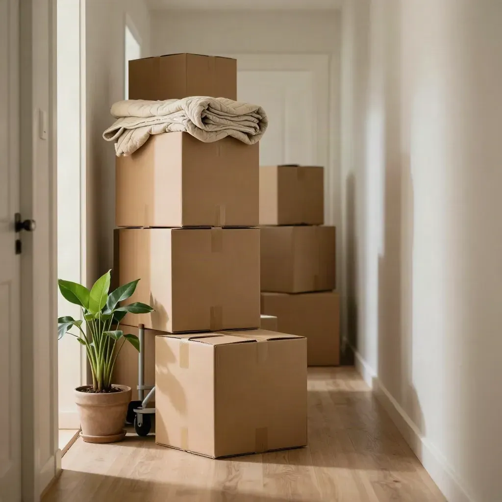 Smalle hal met verhuisdozen, plant, verhuisdeken en steekwagen in dynamische opstelling.