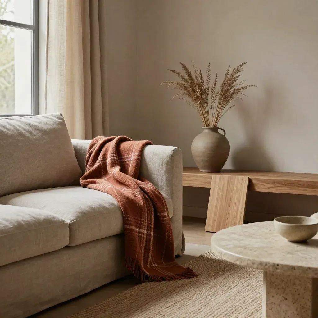 Gestyleerde woonkamerhoek met linnen bank, terracotta plaid, vaas, houtstaal en kleed.