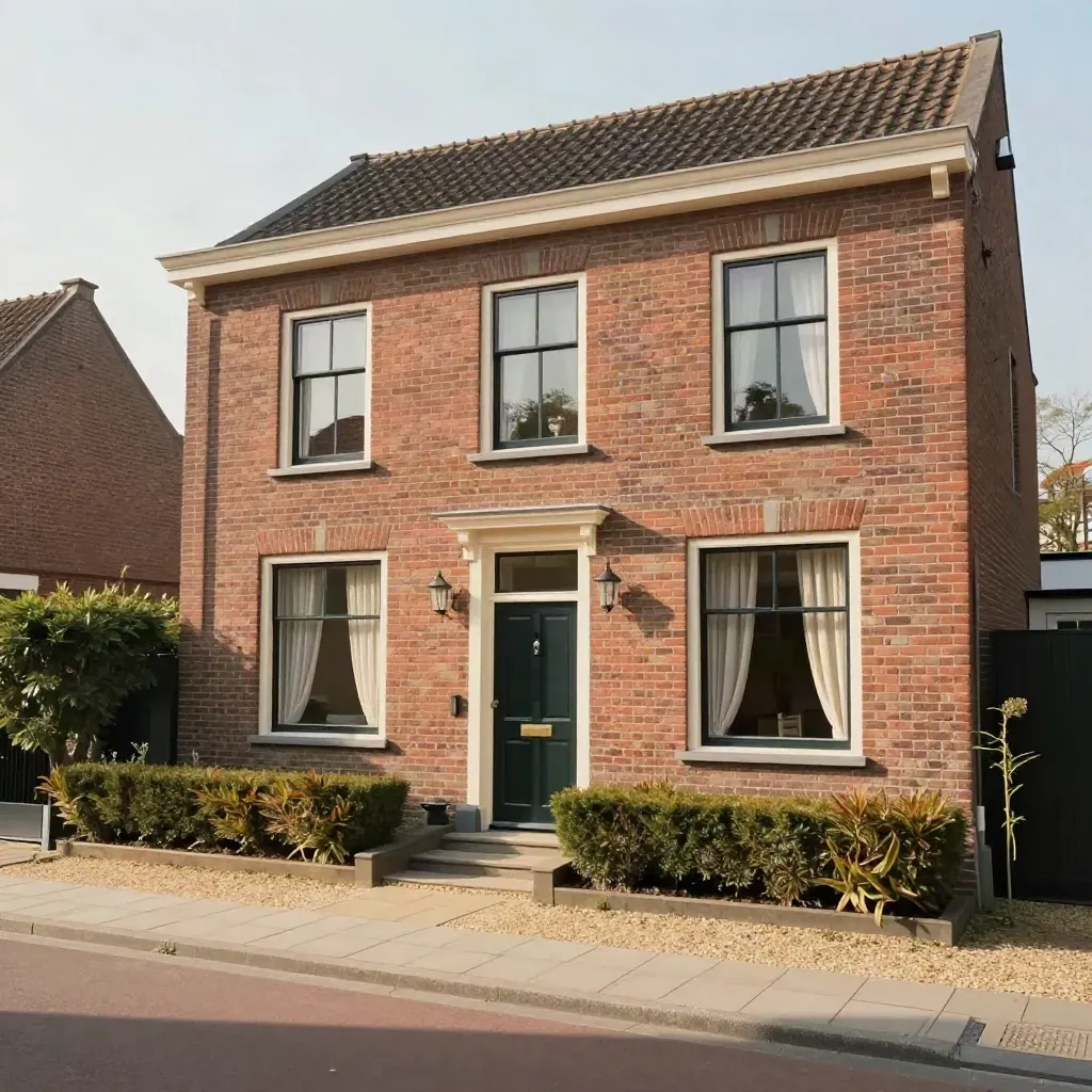 Verzorgde gezinswoning met bakstenen gevel, gesloten gordijnen en nette voortuin.