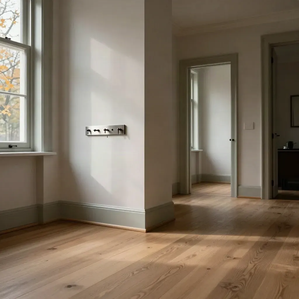 Leiden-appartement met stille gang, verse verf, houten vloer en sleutelrekje in zacht licht.