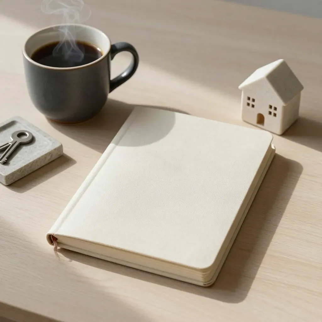 Bovenaanzicht van een notitieboek, koffiemok, sleutelschaaltje en stenen huisje op licht hout.