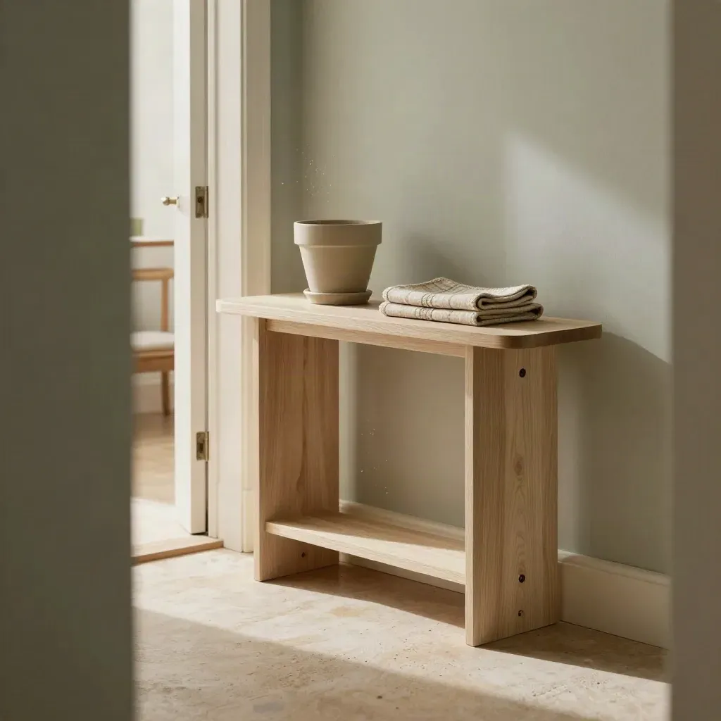 Haltafel met verhuisriemen, plaid, plantenpot en open deur naar lichte kamer.