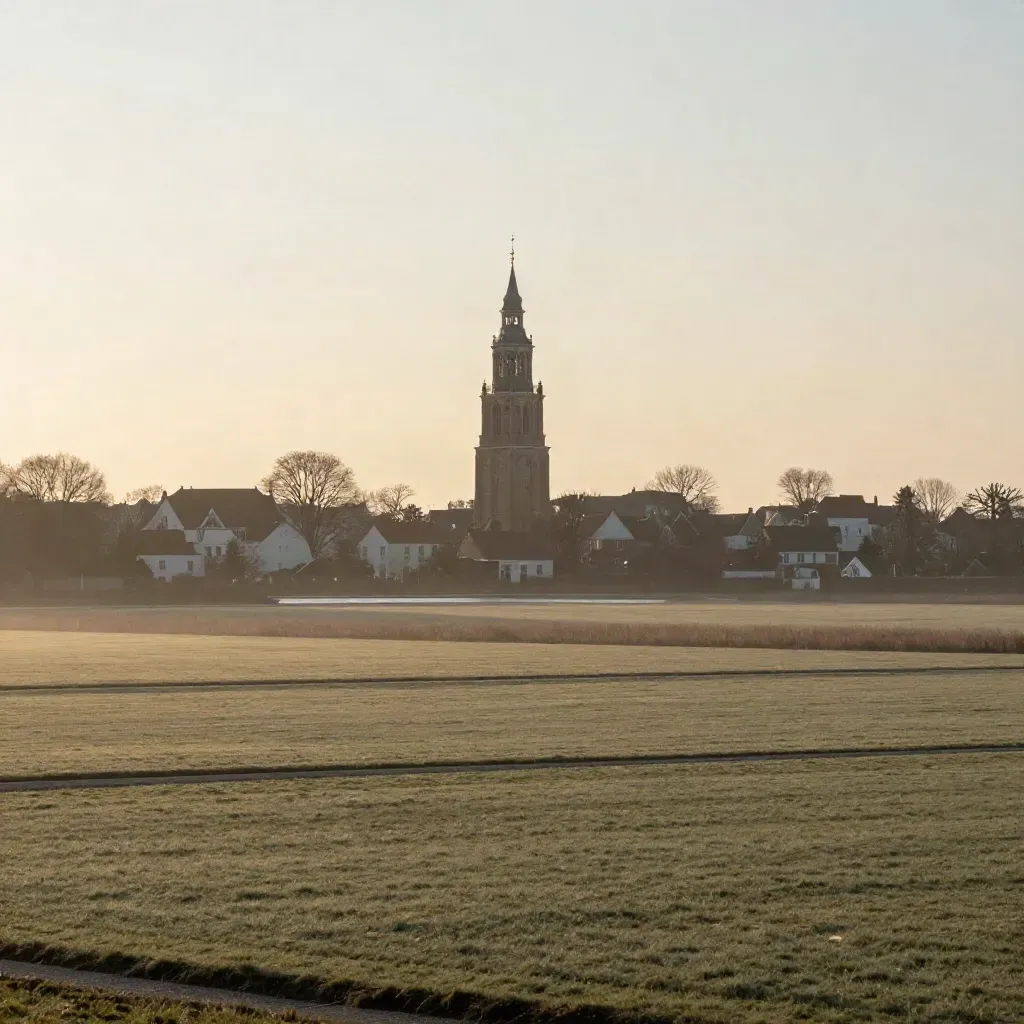 De Domtoren boven mistige Eemlandse weilanden in gouden ochtendlicht.