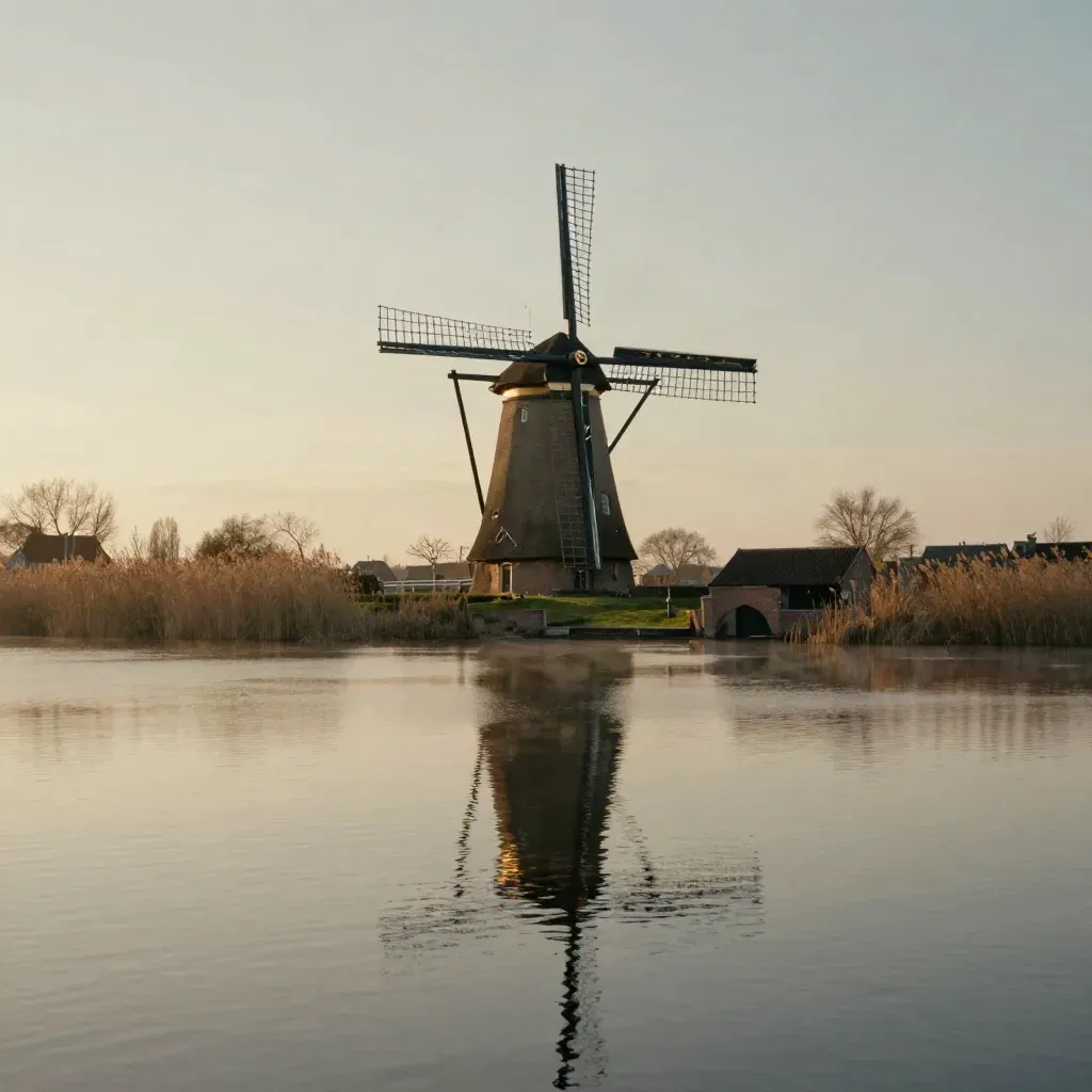 Leidse singels met oude molen, lage daken en rustige waterreflectie in avondlicht.