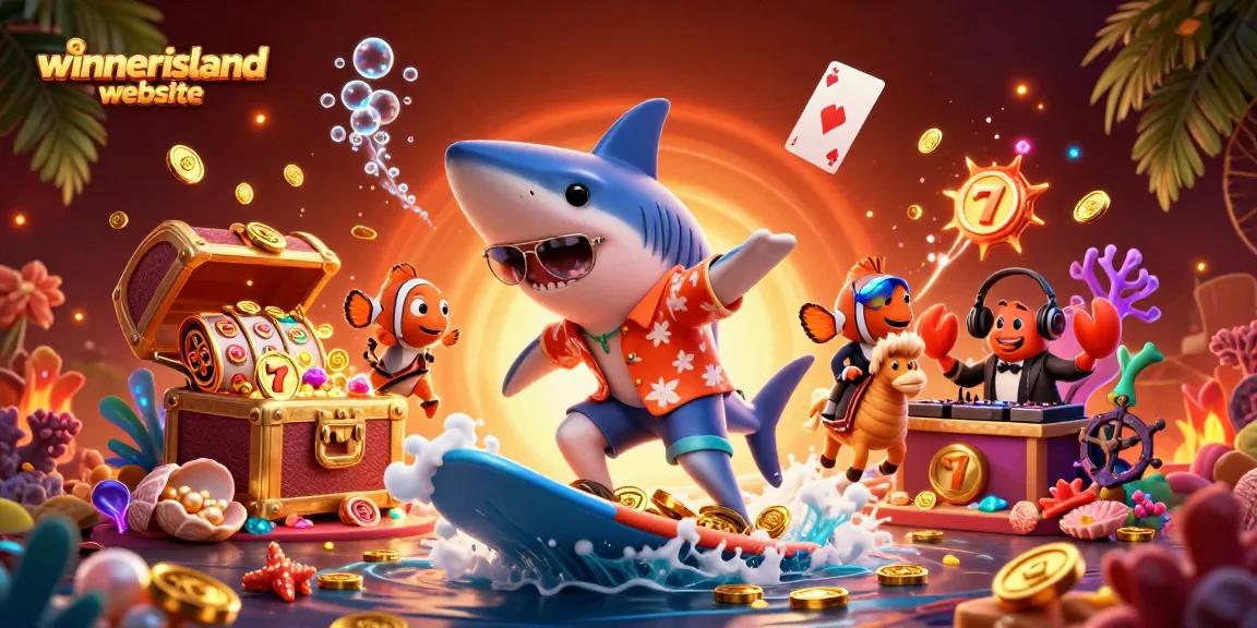 Surf the waves of fortune at the winnerisland website with a vibrant casino-themed 3D illustration.