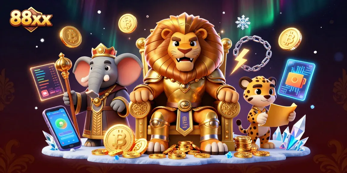 Win big with 88xx in vibrant 3D casino scene featuring majestic characters and crypto elements.
