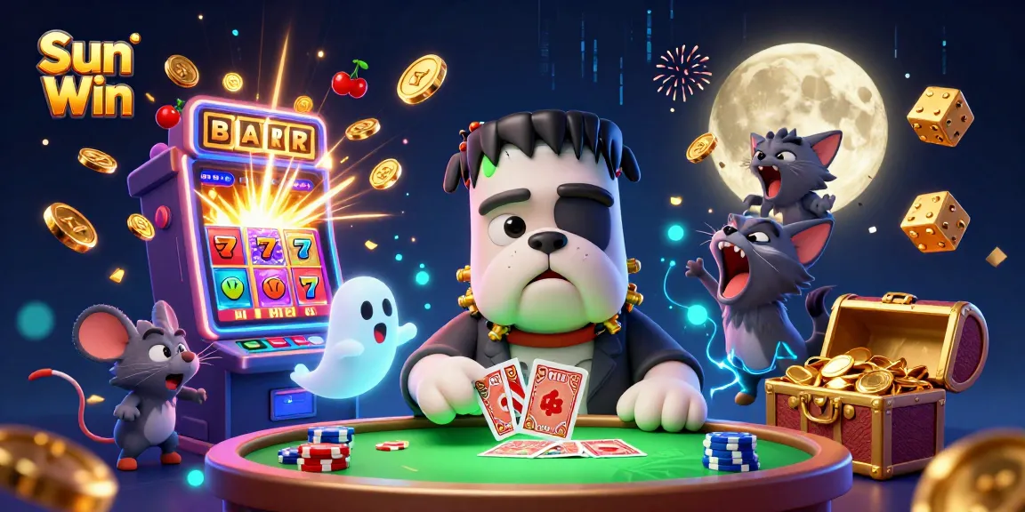 Sun Win unleashes excitement as a Frankenstein bulldog deals cards amid jackpot chaos at an electrifying casino scene.