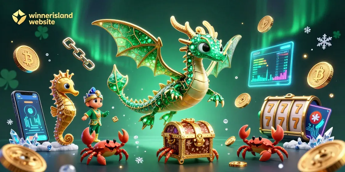 winnerisland website showcases a vibrant underwater scene with a 3D sea dragon, treasure chest, and crypto coins amid casino elements